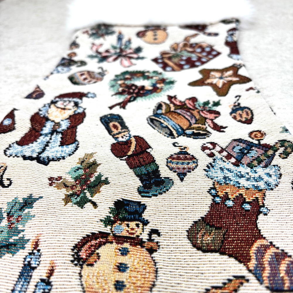 Retro Jumbo Needlepoint Christmas Stocking Fur Trim Gold 22" Rope Hook